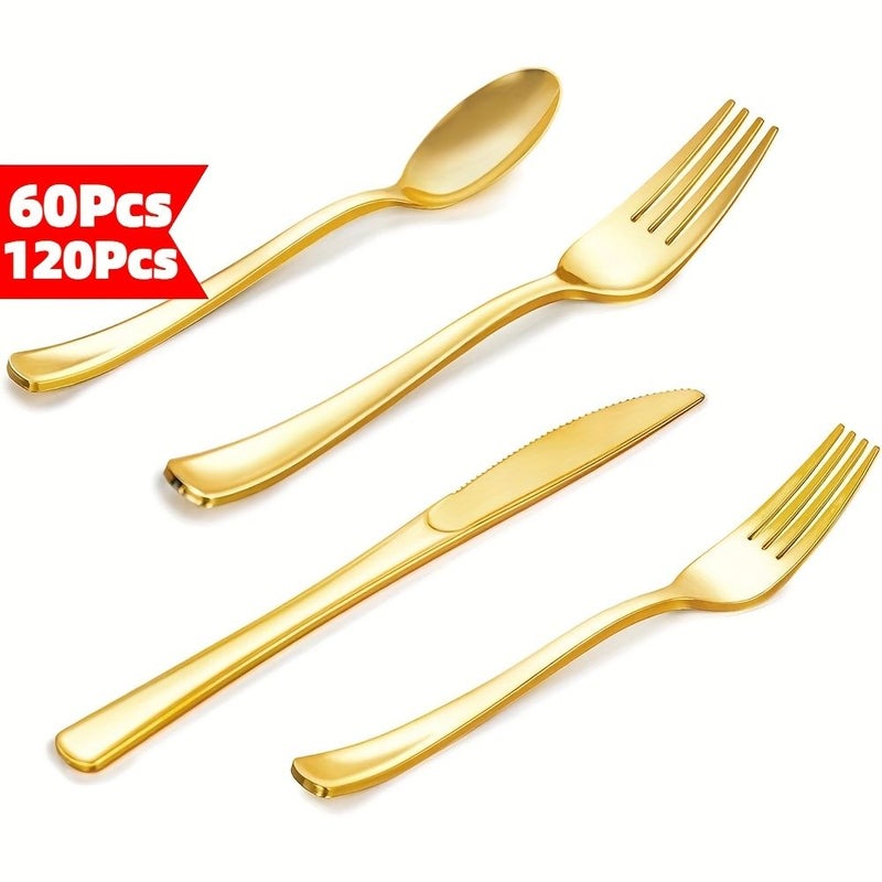 60 Pcs Golden Plastic Cutlery Set Hammered Gold Spoons Knives Forks Party Dinnerware - Image 2