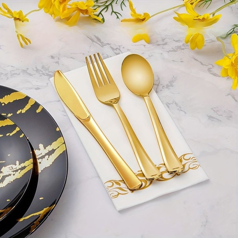 60 Pcs Golden Plastic Cutlery Set Hammered Gold Spoons Knives Forks Party Dinnerware - Image 3
