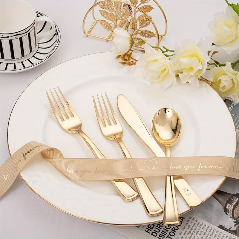 60 Pcs Golden Plastic Cutlery Set Hammered Gold Spoons Knives Forks Party Dinnerware - Image 4