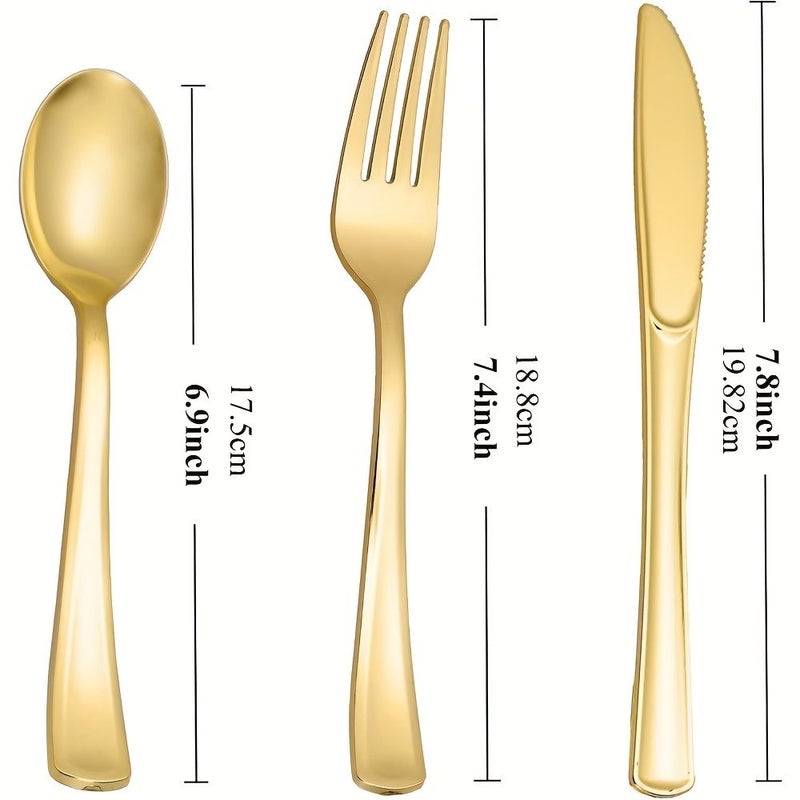 60 Pcs Golden Plastic Cutlery Set Hammered Gold Spoons Knives Forks Party Dinnerware - Image 1