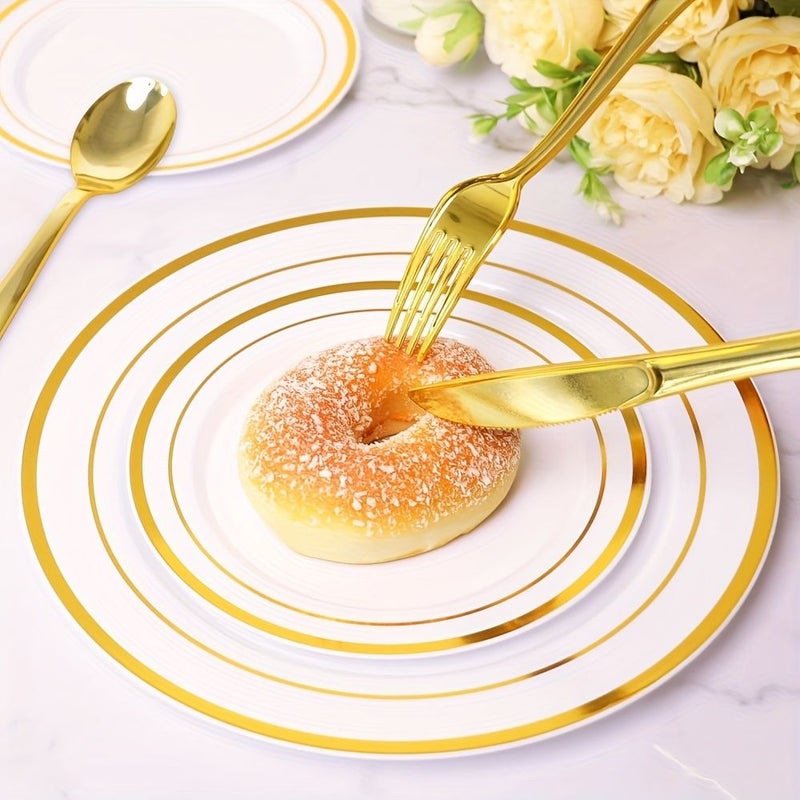 60 Pcs Golden Plastic Cutlery Set Hammered Gold Spoons Knives Forks Party Dinnerware - Image 5