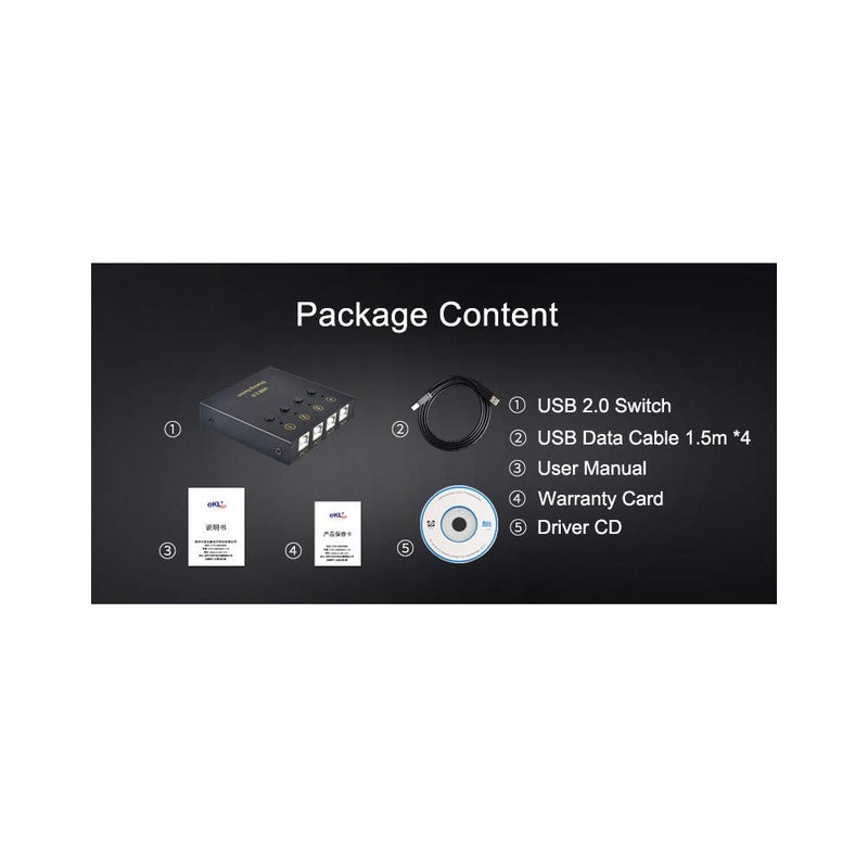 eKL مفتاح اختيار eKL USB 4 أجهزة كمبيوتر لمشاركة 2 جهاز USB خارجي وحدة تحكم USB 2.0 مفتاح محيطي صندوق محور للفأرة ولوحة المفاتيح وأجهزة الكمبيوتر والماسحات الضوئية والطابعات مع زر التبديل و4 كابلات USB A إلى B - Image 5