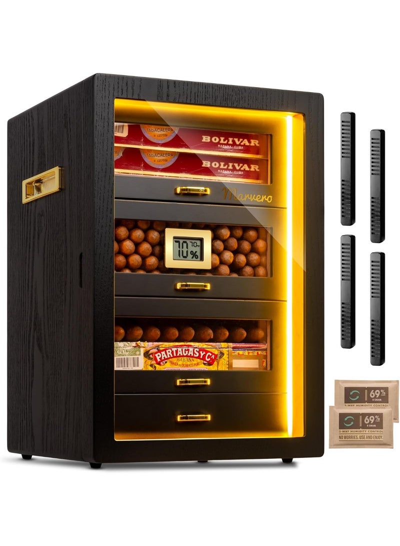 Marvero Desktop Cigar Humidor Cabinet, Triple-Sided LED Light, Digital Hygrometer, 4 Cedar Wood Drawers, Holds 200 Cigars capacity, Black - Image 1