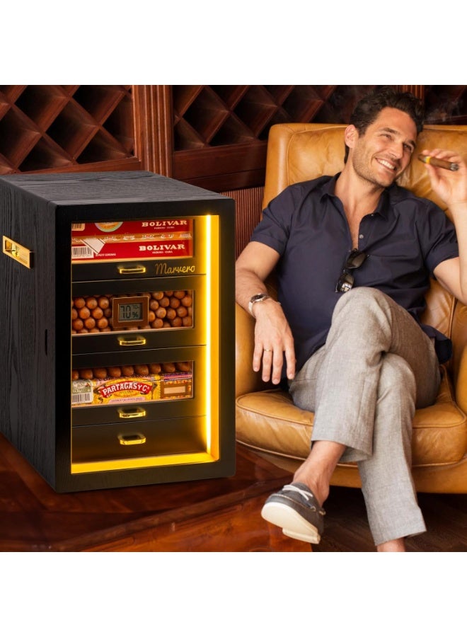 Marvero Desktop Cigar Humidor Cabinet, Triple-Sided LED Light, Digital Hygrometer, 4 Cedar Wood Drawers, Holds 200 Cigars capacity, Black - Image 2