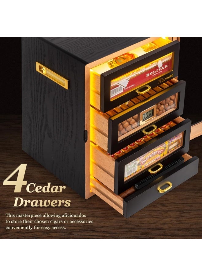 Marvero Desktop Cigar Humidor Cabinet, Triple-Sided LED Light, Digital Hygrometer, 4 Cedar Wood Drawers, Holds 200 Cigars capacity, Black - Image 5