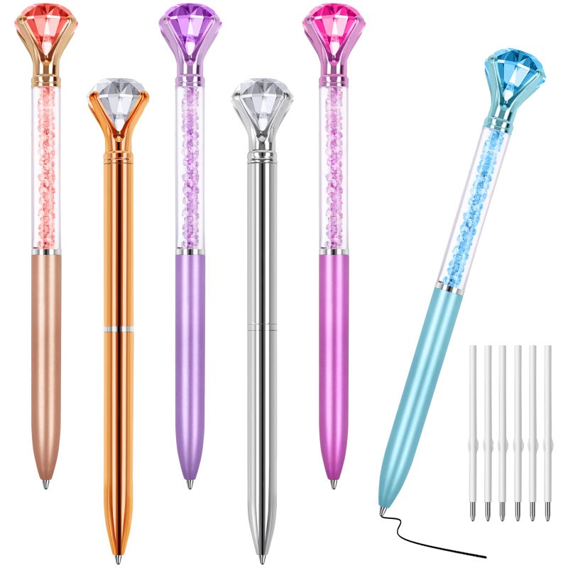 Joyberg 6 Diamond Pens with Crystal Top, Bulk with Black Ink Refill, for Office, School, Home - Image 1