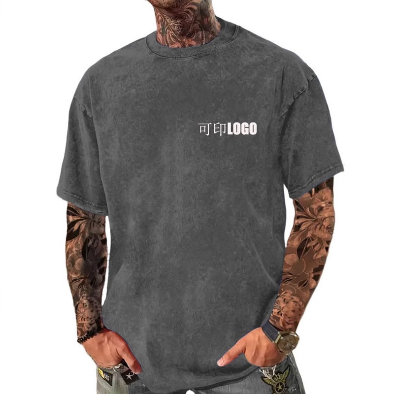 Retro Men'S Tie-Dyed Washed T-Shirt 2025 Solid Color Short-Sleeved T-Shirt Tide - Image 1