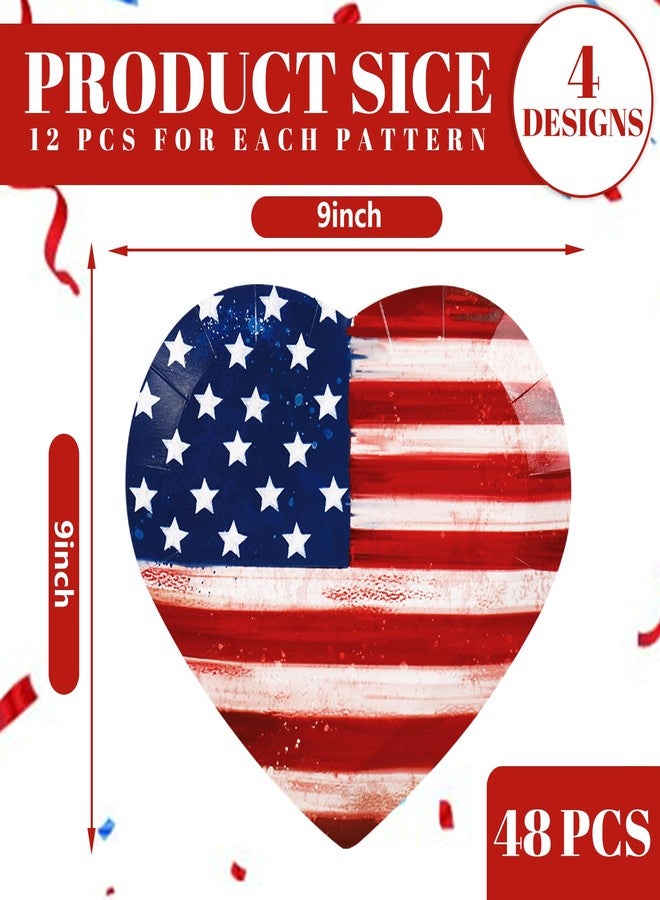 JarThenaAMCS 48Pcs Vintage Patriotic Paper Plates 4 Design 4th of July Heart Shape Disposable Plate Red Blue White Star Stripe Tableware Dinner Plate for Independence Day Party Table Decor - Image 2