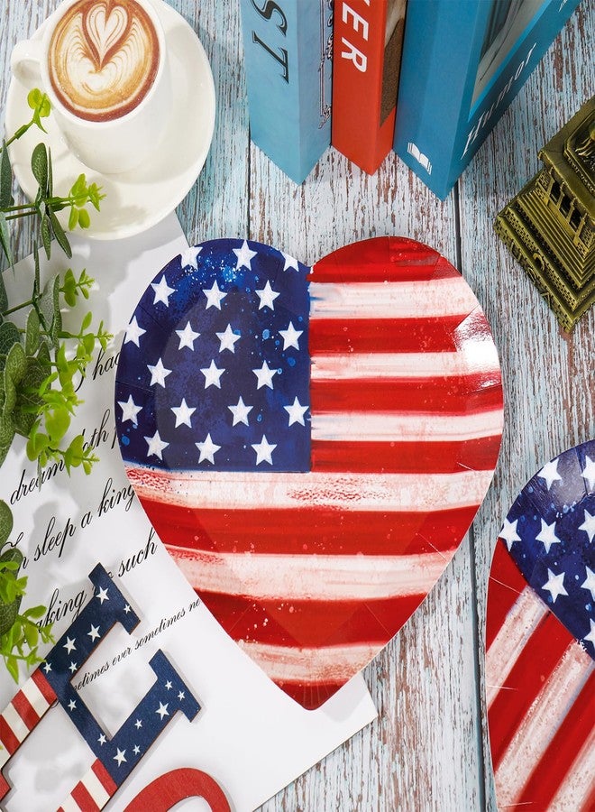 JarThenaAMCS 48Pcs Vintage Patriotic Paper Plates 4 Design 4th of July Heart Shape Disposable Plate Red Blue White Star Stripe Tableware Dinner Plate for Independence Day Party Table Decor - Image 3