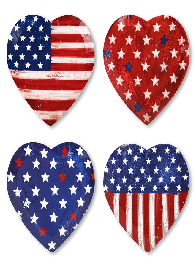JarThenaAMCS 48Pcs Vintage Patriotic Paper Plates 4 Design 4th of July Heart Shape Disposable Plate Red Blue White Star Stripe Tableware Dinner Plate for Independence Day Party Table Decor - Image 1