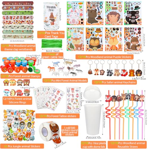 Poen 172 Pcs Woodland Party Favors Set Include Cup Straw Stamp Clap Bracelet Keychain Ring Puzzle Sticker Animal Miniature Card for Birthday Party Baby Shower Goody Bag Stuffer - Image 5