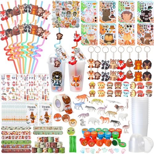 Poen 172 Pcs Woodland Party Favors Set Include Cup Straw Stamp Clap Bracelet Keychain Ring Puzzle Sticker Animal Miniature Card for Birthday Party Baby Shower Goody Bag Stuffer - Image 1