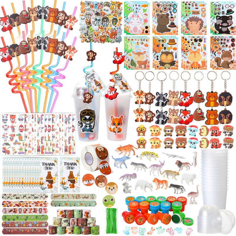 Poen 172 Pcs Woodland Party Favors Set Include Cup Straw Stamp Clap Bracelet Keychain Ring Puzzle Sticker Animal Miniature Card for Birthday Party Baby Shower Goody Bag Stuffer - Image 3
