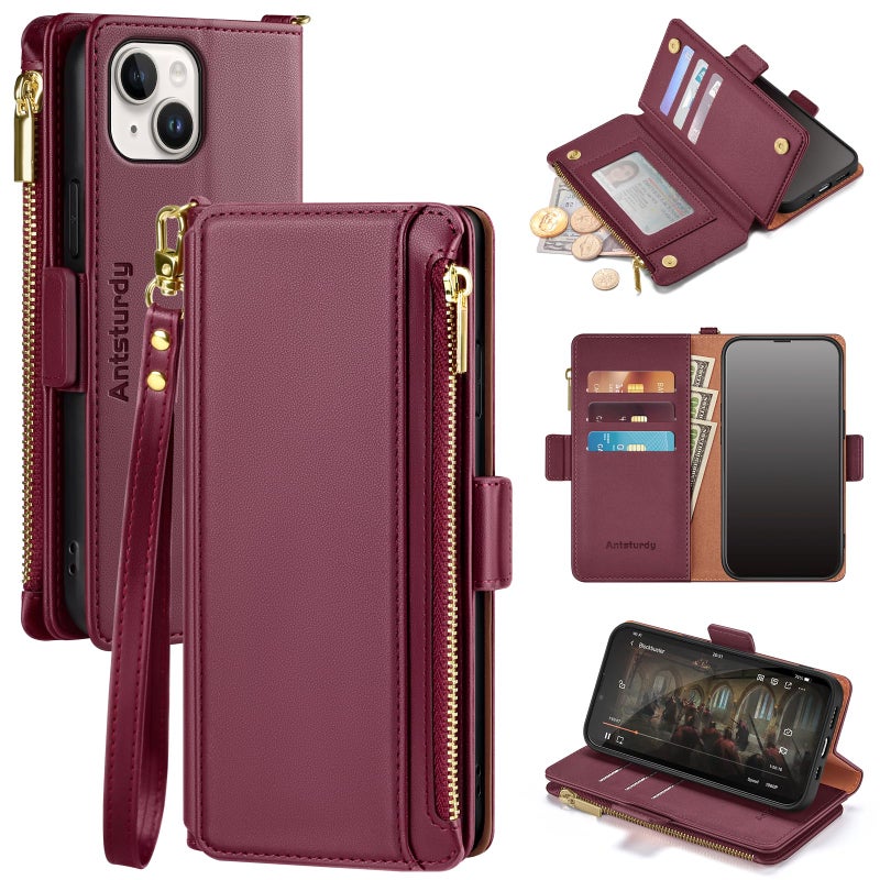Antsturdy Compatible with iPhone 13 Wallet Caseã€RFID Blockingã€‘ PU Leather Phone Case Women Men Flip Shockproof Protective Cover Wrist Strap Zipper Credit Card Holder Slots for Apple 13 6.1,Wine Red - Image 1