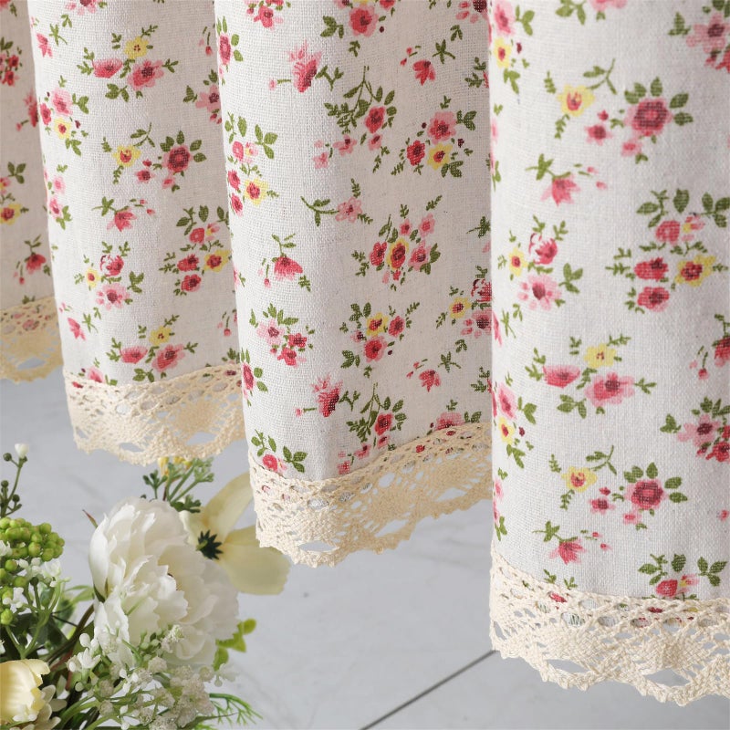 Moslovstar Farmhouse Cotton Linen Tier Curtain 36 Inch Long Elegant Floral Lace Window Treatment Kitchen Bathroom Short Curtain, 1 Panel, Little Pink Flower - Image 1