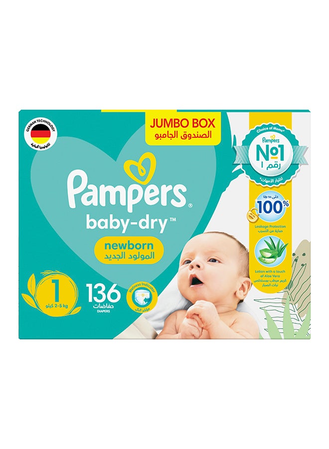 بامبرز حفاضات حديثي الولادة من بيبي دراي مع لوشن الصبار ومؤشر البلل وحماية من التسرب، مقاس 1، 2-5 كجم، 136 حفاضة - Image 2