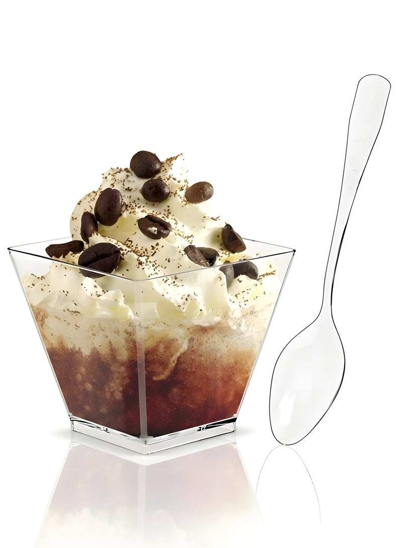100 Count 2oz Plastic Mini Dessert Cups With Spoons,square Dessert Shooter Cups ,Clear Parfait Appetizer Cup - Small Dessert Cups Reusable Serving Bowl For Tasting Party Desserts Appetizers - Image 1