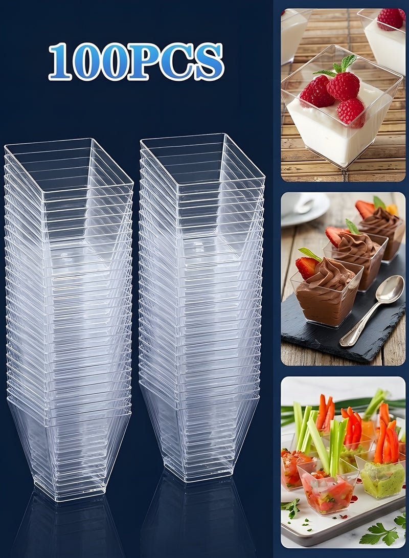 100 Count 2oz Plastic Mini Dessert Cups With Spoons,square Dessert Shooter Cups ,Clear Parfait Appetizer Cup - Small Dessert Cups Reusable Serving Bowl For Tasting Party Desserts Appetizers - Image 2