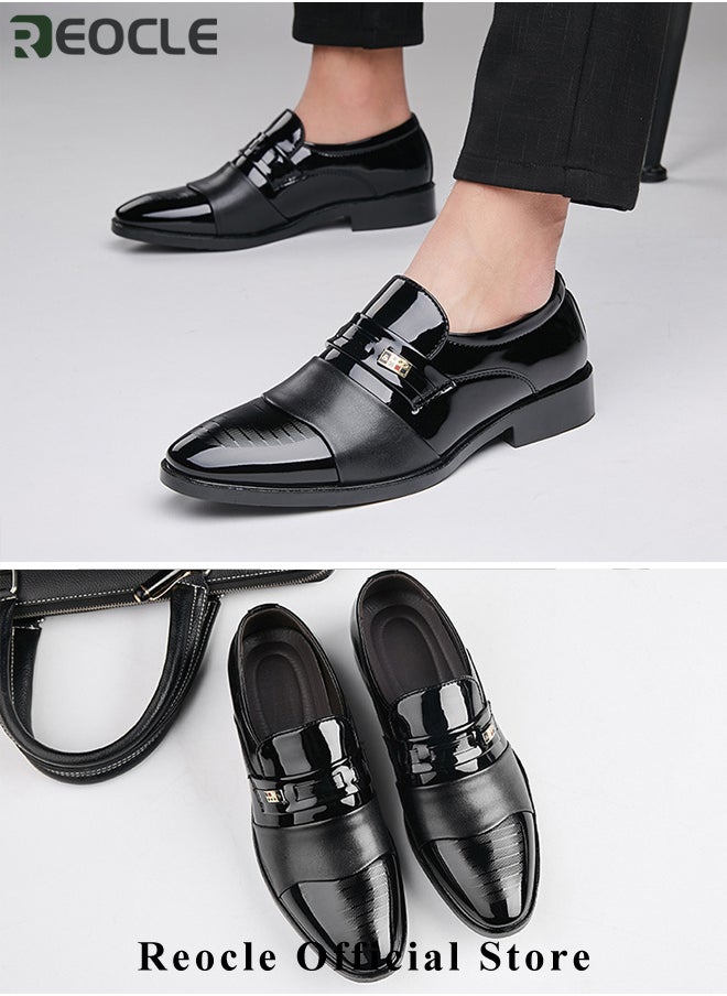 REOCLE - Men's Leather Shoes Glossy Loafers Dress Business Leather Shoes Pointed Faux Leather Shoes Driving Leather Oxford Shoes for Commuting & formal Occasions - Image 1