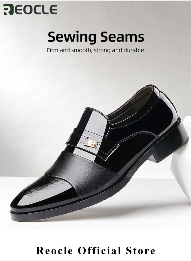 REOCLE - Men's Leather Shoes Glossy Loafers Dress Business Leather Shoes Pointed Faux Leather Shoes Driving Leather Oxford Shoes for Commuting & formal Occasions - Image 1
