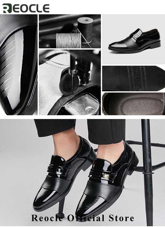 REOCLE - Men's Leather Shoes Glossy Loafers Dress Business Leather Shoes Pointed Faux Leather Shoes Driving Leather Oxford Shoes for Commuting & formal Occasions - Image 1