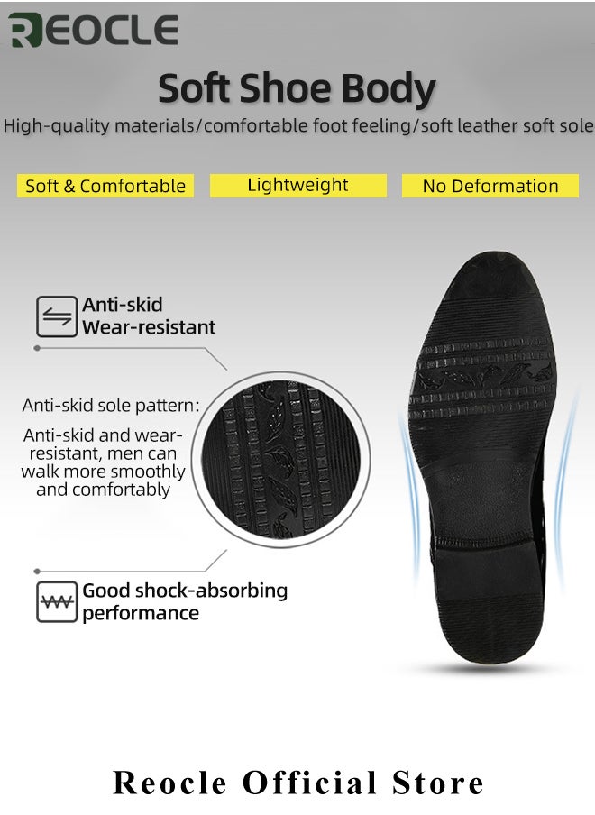 REOCLE - Men's Leather Shoes Glossy Loafers Dress Business Leather Shoes Pointed Faux Leather Shoes Driving Leather Oxford Shoes for Commuting & formal Occasions - Image 1