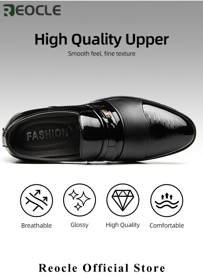 REOCLE - Men's Leather Shoes Glossy Loafers Dress Business Leather Shoes Pointed Faux Leather Shoes Driving Leather Oxford Shoes for Commuting & formal Occasions - Image 1