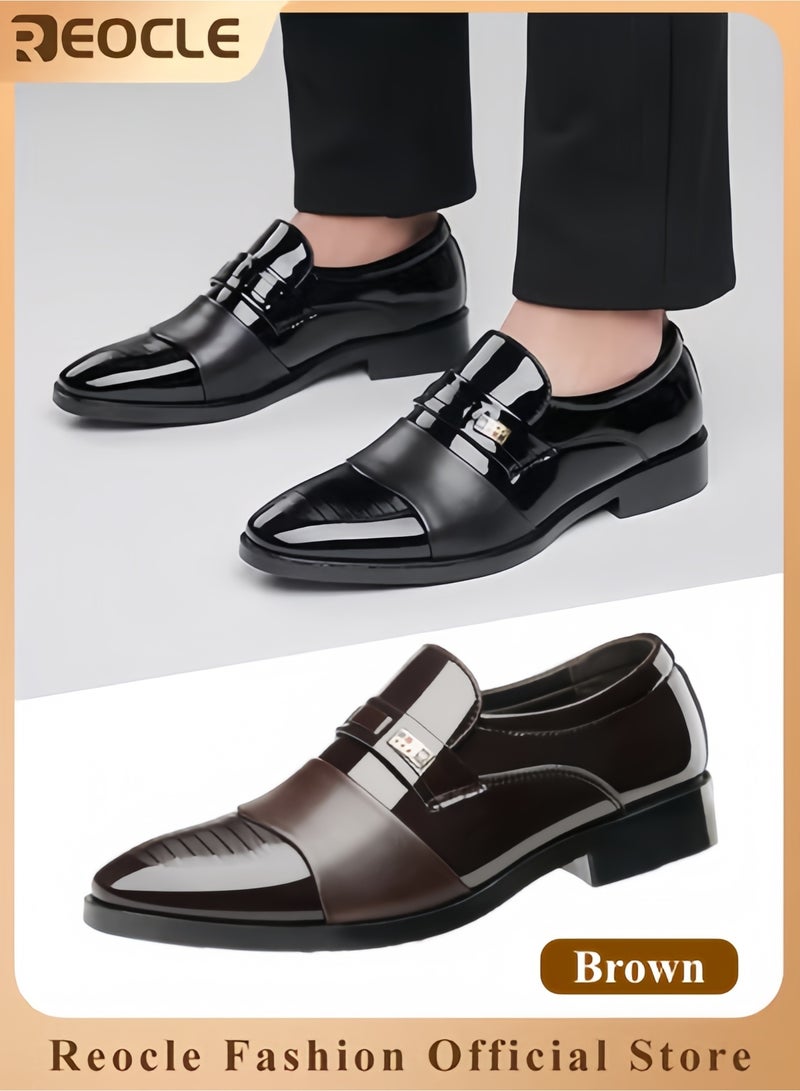 REOCLE Men's Artificial PU Shoes Glossy Loafers Dress Business Leather Shoes Pointed Faux Leather Shoes Driving Leather Oxford Shoes for Commuting & formal Occasions - Image 1