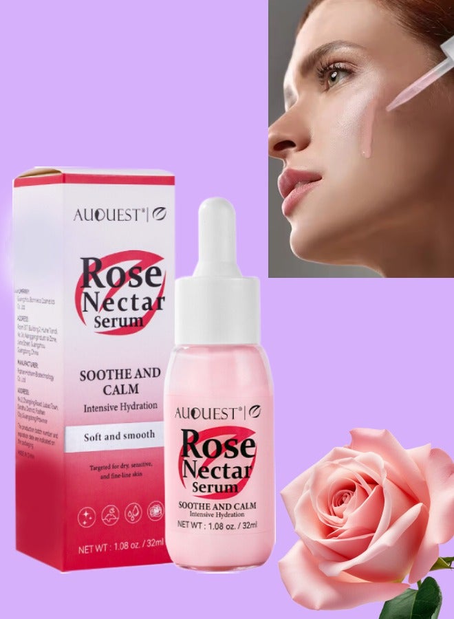 AuQuest Rose Nectar Serum Rose Face Serum Soothe and Calm Soft Smooth Skin and Intensive Hydration Hydrating Moisturizing Nourishing Face Serum for Dry Sensitive and Fine Line Skin Rose Whitening Serum 32ml - Image 1