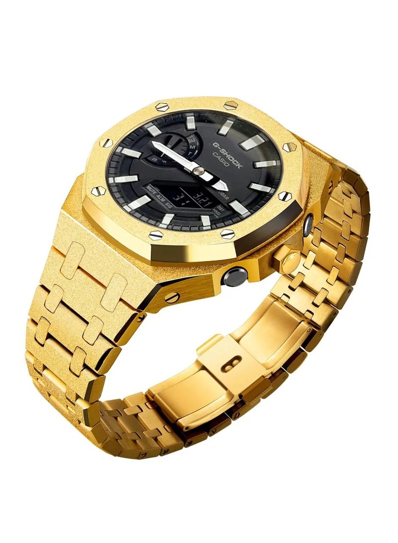 AROAQ GA2100 Metal Watch Band Case Replacement Kit, Stainless Steel Strap Bezel Accessories, Frosted Surface Stainless Steel Bracelet Case Mod For Shock, (Frost Gold Black Shell Orange Tape)  - Image 2