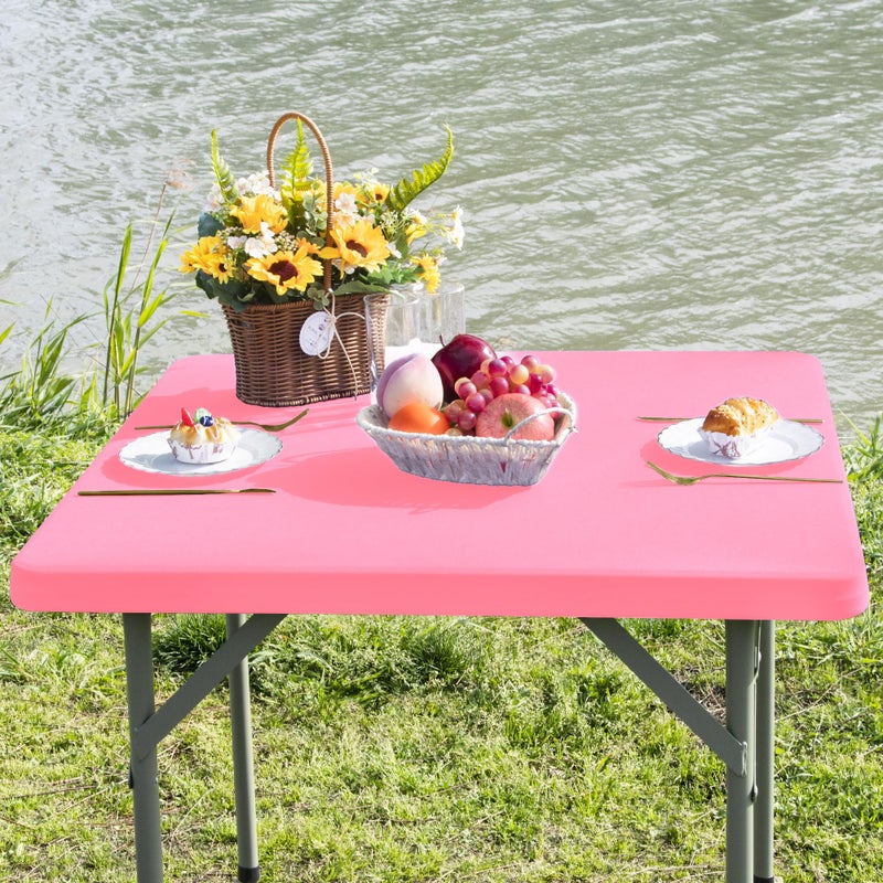 Nacuci Square Fitted Table Cover Elastic Tablecloth Stretch Spandex Table Topper Cap Cover For Dining Kitchen Home Party Pink 34X34 Inch - Image 2