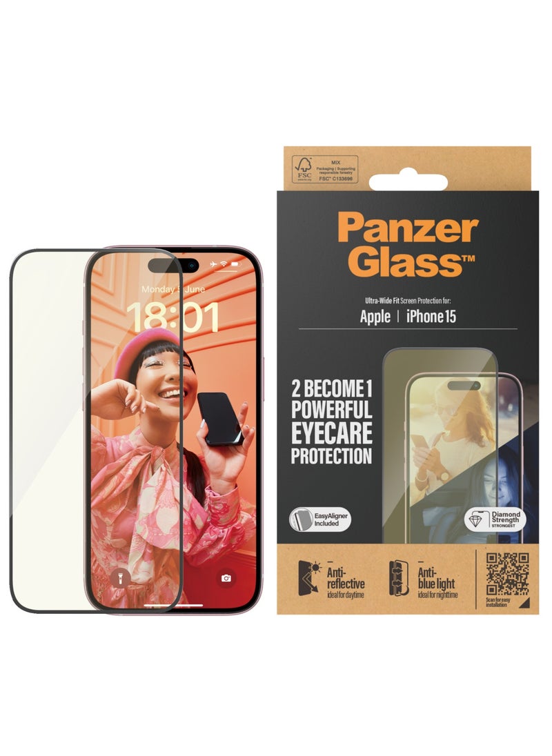 PanzerGlass - PanzerGlass™ Advanced Anti-Reflective and Anti-Blue Light Screen Protector for Apple iPhone 15, Protect Your Eyes, Protect Your Phone - Case friendly full screen protector with mounting aid - Image 1