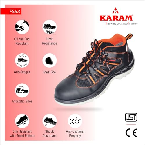 Karam FS63 Buff Black Leather Sporty Safety Shoes for Men | Double Density with Steel Toe | Antislip, Oil & Heat Resistant | Size-08 - Image 3