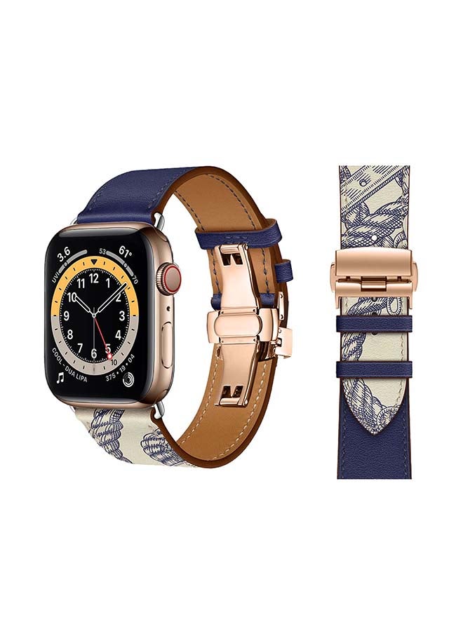 Perfii Genuine Leather Replacement Band with Golden Buckle for Apple Watch Series 6/SE/5/4/3/2/1 44/42mm Blue/White - Image 1