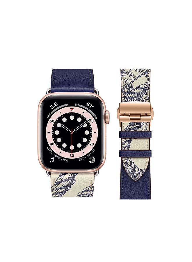 Perfii Genuine Leather Replacement Band with Golden Buckle for Apple Watch Series 6/SE/5/4/3/2/1 44/42mm Blue/White - Image 2