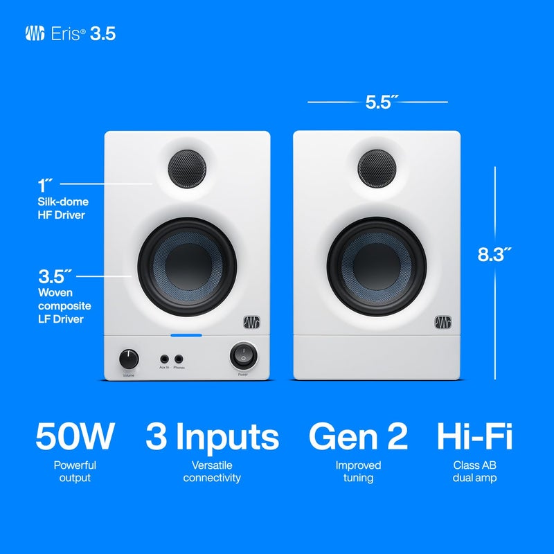 PreSonus Eris 3.5 Studio Monitors (White), Pair â€” 3.5" Inch Powered Bookshelf Speakers, Stereo, Desktop Computer, Near Field Music Production, Audio Mixing Recording - Image 5