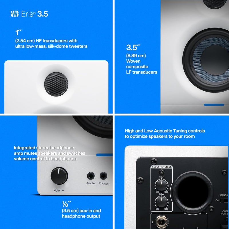 PreSonus Eris 3.5 Studio Monitors (White), Pair â€” 3.5" Inch Powered Bookshelf Speakers, Stereo, Desktop Computer, Near Field Music Production, Audio Mixing Recording - Image 4