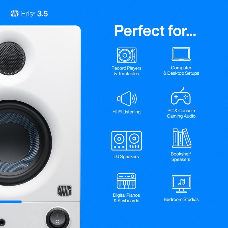 PreSonus Eris 3.5 Studio Monitors (White), Pair â€” 3.5" Inch Powered Bookshelf Speakers, Stereo, Desktop Computer, Near Field Music Production, Audio Mixing Recording - Image 3