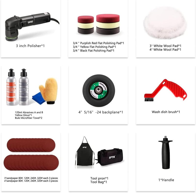 SPTA مPolisher مداري صغير - 3 إنش 10 مم/780 واط سرعة متغيرة مزدوجة الحركة مع وسائد تلميع، أقراص صنفرة، فرشاة تكييف الوسادة - Image 2