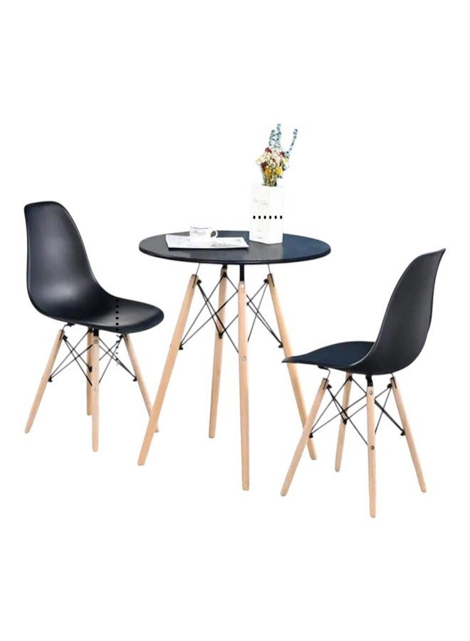 Generic Modern design table and chairs set for home and apartment, consisting of two chairs, plastic seats, wooden legs and a metal frame 
