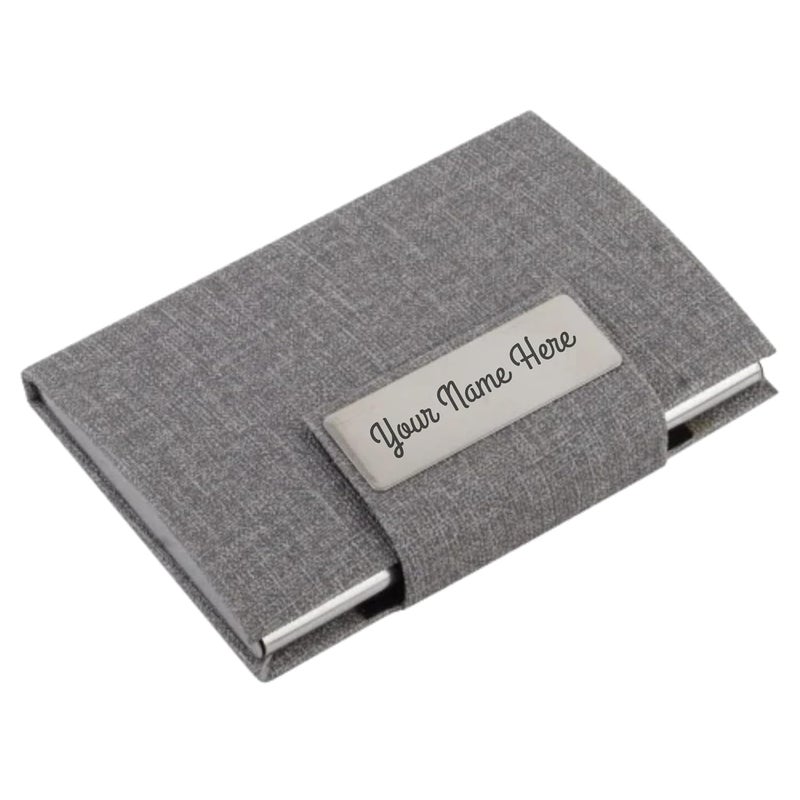 CrownLit Personalised Grey Magnetic Card Holder with Custom Name Engraving, Business Card Case with Metal Plate - Image 1