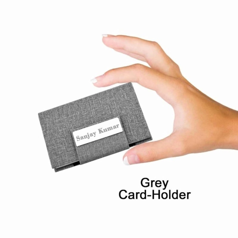 CrownLit Personalised Grey Magnetic Card Holder with Custom Name Engraving, Business Card Case with Metal Plate - Image 2