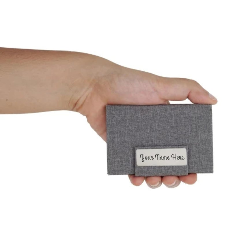 CrownLit Personalised Grey Magnetic Card Holder with Custom Name Engraving, Business Card Case with Metal Plate - Image 4