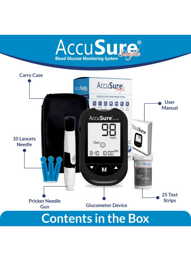 Accusure Simple Digital Glucometer Kit With 25 Strips, 10 Lancets & Lancing Device