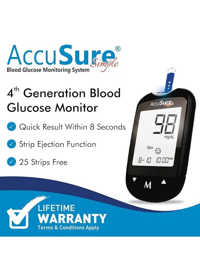 Accusure Simple Digital Glucometer Kit With 25 Strips, 10 Lancets & Lancing Device