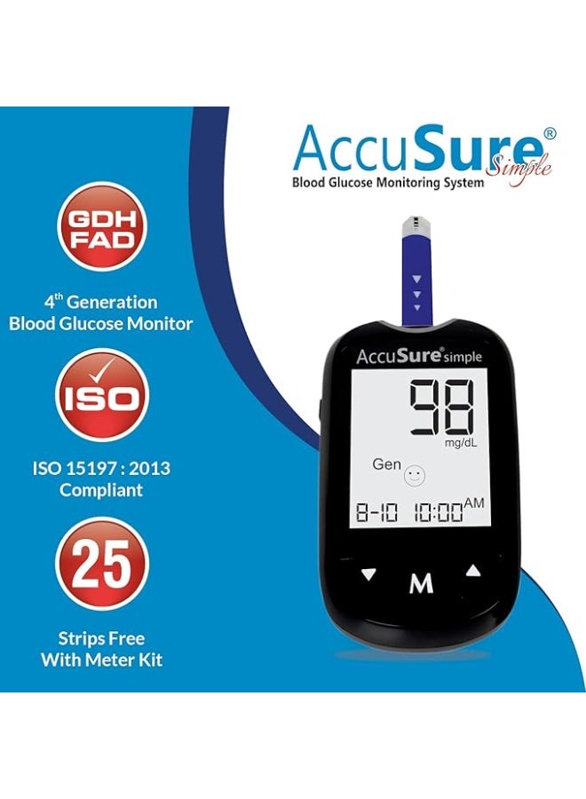 Accusure Simple Digital Glucometer Kit With 25 Strips, 10 Lancets & Lancing Device