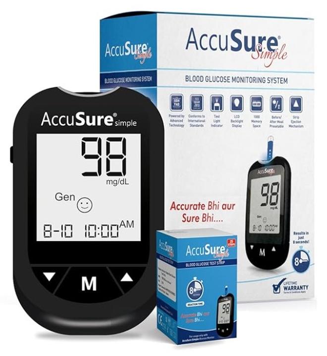 AccuSure مجموعة قياس سكر الدم الرقمية البسيطة من AccuSure | مع 25 شريطًا و10 إبر وجهاز وخز لقياس نسبة السكر في الدم بدقة - Image 1