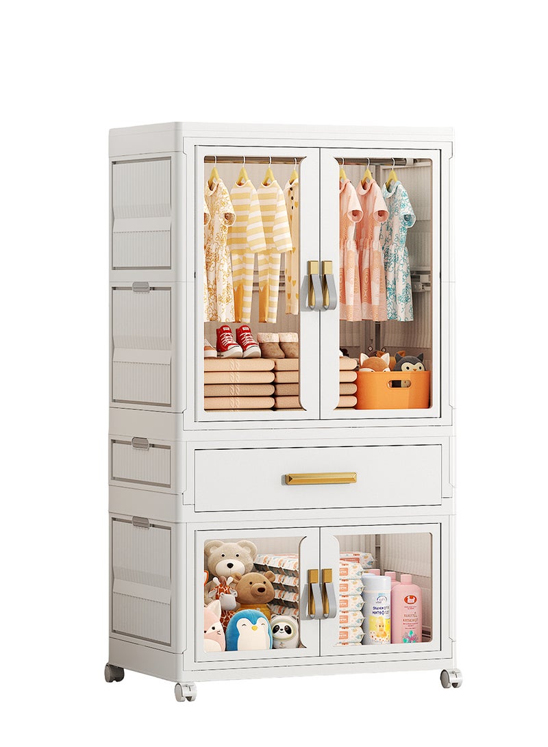 Ollieroo خزانة تخزين بلاستيكية modular – خزانة PP/PET/ABS مع درج، صندوق قابل للطي، قضيب تعليق و 6 شماعات (ألوان عشوائية)، عجلات دوارة قابلة للقفل لغرفة النوم، الخزانة، أو غرفة المعيشة، 64 × 41 × 127 سم - Image 1