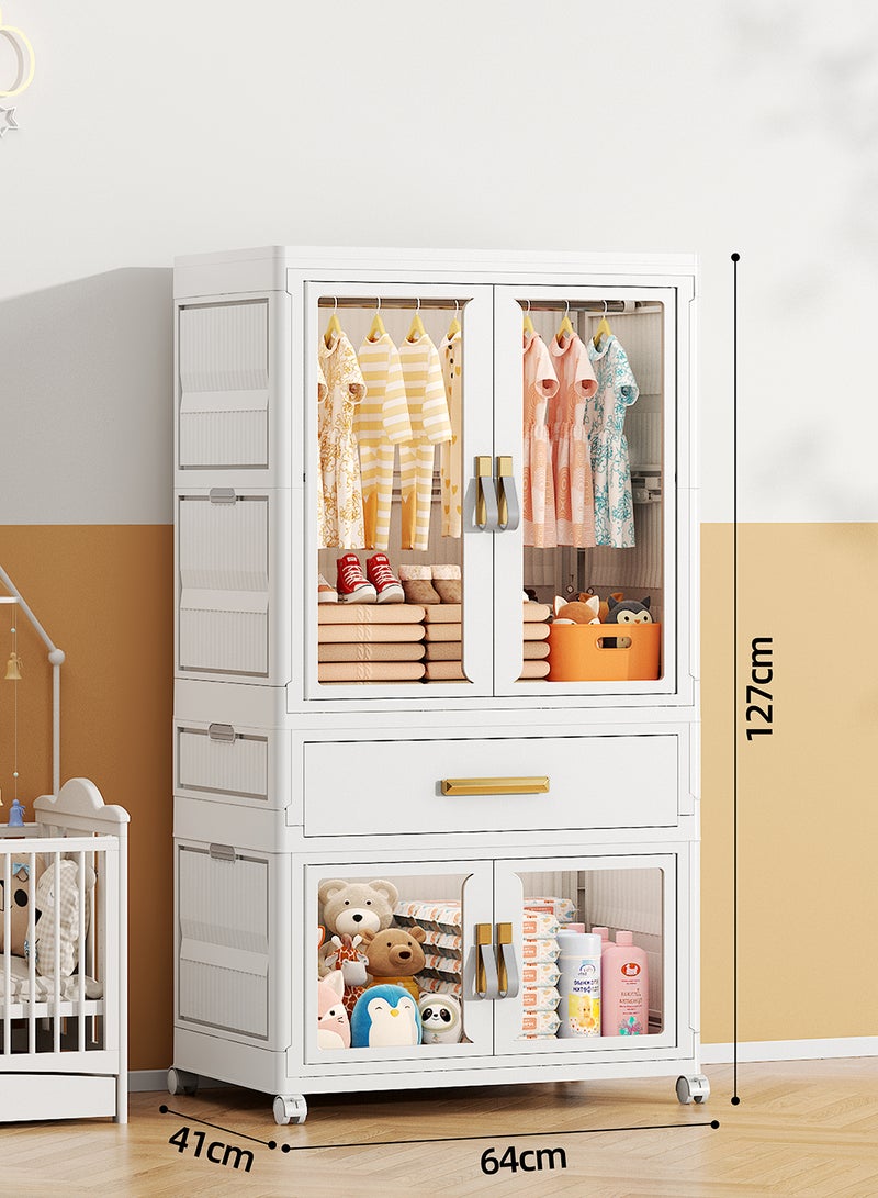 Ollieroo خزانة تخزين بلاستيكية modular – خزانة PP/PET/ABS مع درج، صندوق قابل للطي، قضيب تعليق و 6 شماعات (ألوان عشوائية)، عجلات دوارة قابلة للقفل لغرفة النوم، الخزانة، أو غرفة المعيشة، 64 × 41 × 127 سم - Image 2