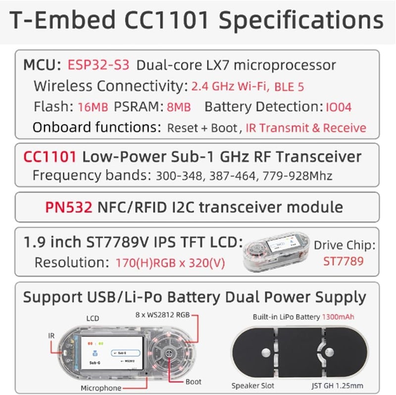 Sreuyong T-Embed ESP32-S3 CC1101 Düşük Güç Alt 1 GHz Alıcı-Verici PN532 NFC RFID I2C Modülü LCD Kartı Dahili Pil 1300mAh - Image 5